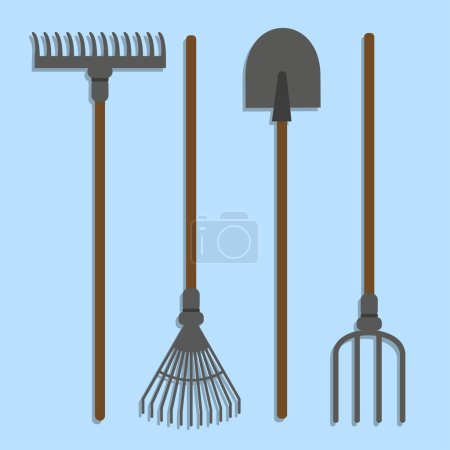 Ilustración de Juego de herramientas de jardín. Rastrillo, horquilla, rastrillo, pala. Ilustración vectorial - Imagen libre de derechos