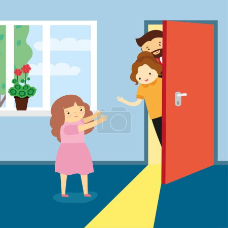 Ilustración de Familia con hija delante de la puerta. Ilustración vectorial en estilo plano - Imagen libre de derechos