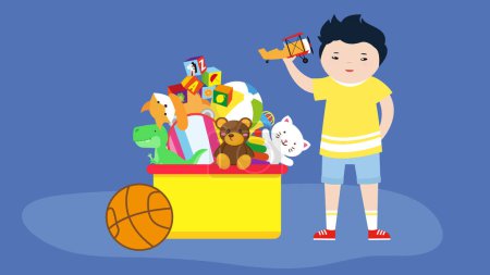 Ilustración de Niño jugando con baloncesto y juguetes - Imagen libre de derechos