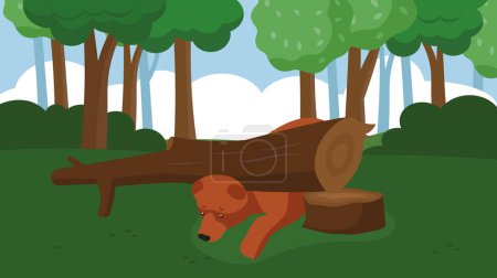 Illustration for Bear lying under fallen tree in forest - Royalty Free Image