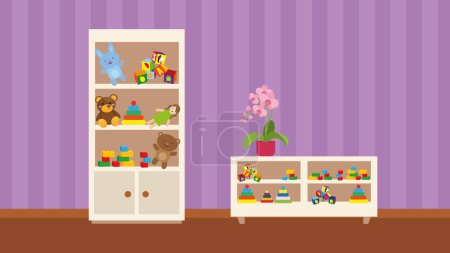 Illustration for Room with shelves with different toys. vector - Royalty Free Image