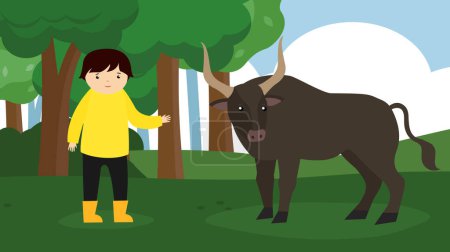 Ilustración de Niño con toro en el bosque - Imagen libre de derechos