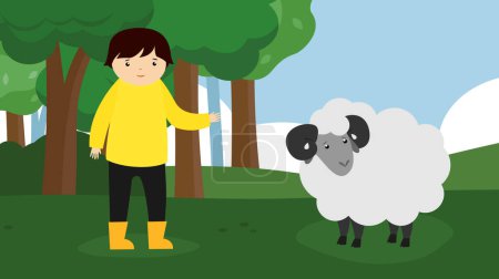 Téléchargez les illustrations : Mignon dessin animé garçon avec moutons - en licence libre de droit