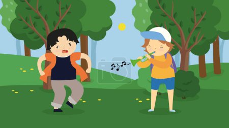 Ilustración de Niños tocando música y bailando en el bosque - Imagen libre de derechos