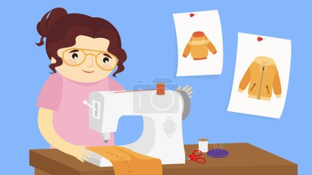 Ilustración de Mujer con máquina de coser, estilo de dibujos animados, ilustración vectorial - Imagen libre de derechos