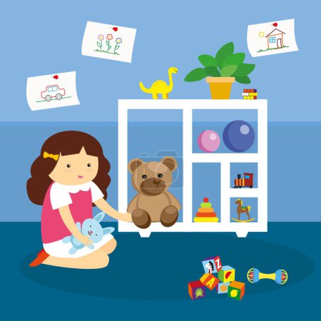 Ilustración de Chica jugando con juguetes en la habitación - Imagen libre de derechos