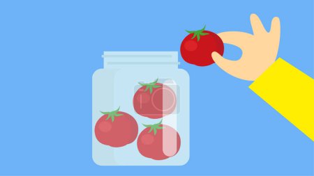 Téléchargez les illustrations : Mettre les tomates à la main dans un bocal - en licence libre de droit