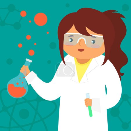 Illustration for Scientist woman in chemical laboratory. Vector illustration in flat style. - Royalty Free Image