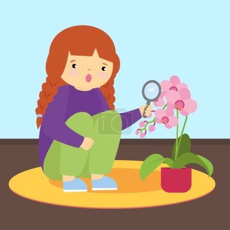 Téléchargez les illustrations : Petite fille regardant des fleurs à travers la loupe. Illustration vectorielle. - en licence libre de droit