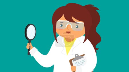 Illustration for Scientist woman with magnifying glass and clipboard. Vector illustration. - Royalty Free Image