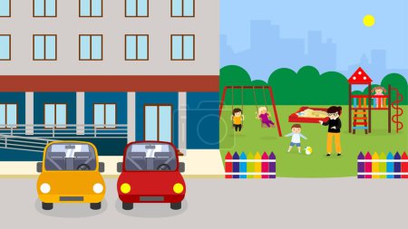 Téléchargez les illustrations : Enfants jouant sur l'aire de jeux dans la ville. Illustration vectorielle en style plat - en licence libre de droit