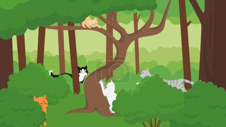 Téléchargez les illustrations : Chats sur un arbre dans la forêt. Illustration vectorielle en style plat - en licence libre de droit
