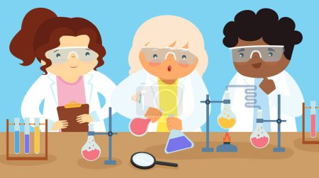 Illustration for Group of scientists working in laboratory. Vector illustration in flat style. - Royalty Free Image
