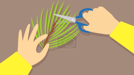 Téléchargez les illustrations : Couper une feuille de palmier avec des ciseaux. Illustration vectorielle en style plat - en licence libre de droit