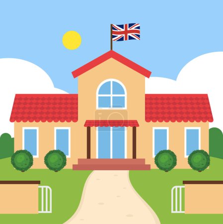 Ilustración de Edificio escolar con bandera. Ilustración vectorial de un edificio escolar en estilo plano. - Imagen libre de derechos