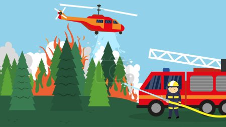 Illustration for Firefighter extinguishing a fire in the forest. Flat vector illustration. - Royalty Free Image