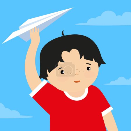 Téléchargez les illustrations : Joli petit garçon jouant avec un avion en papier dans le ciel. Illustration vectorielle - en licence libre de droit