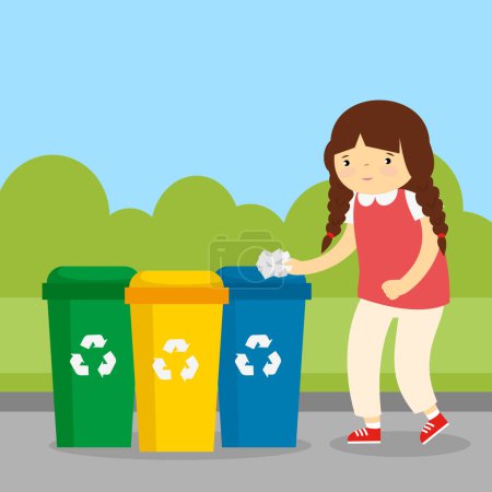 Illustration for Girl throwing paper in trash can. Vector illustration in flat style. - Royalty Free Image