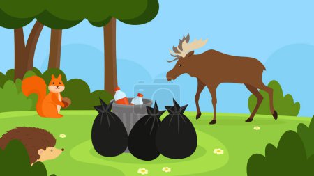 Téléchargez les illustrations : Animaux sauvages dans la forêt et sacs poubelles, - en licence libre de droit