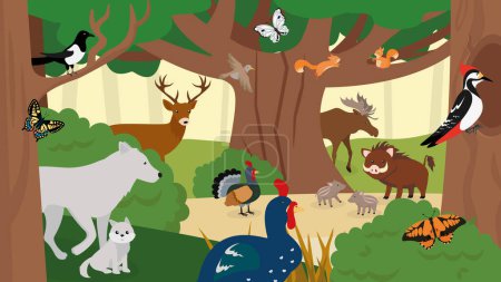 Illustration von vielen wilden Tieren im Wald