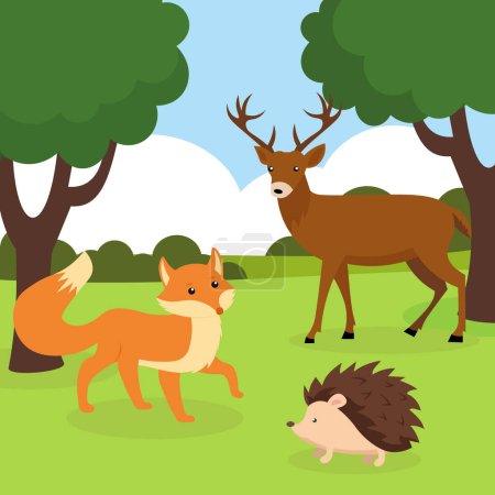 Téléchargez les illustrations : Illustration de renard, cerf et hérisson dans la forêt - en licence libre de droit