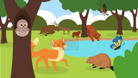 Téléchargez les illustrations : Illustration d'une forêt pleine d'animaux sauvages - en licence libre de droit