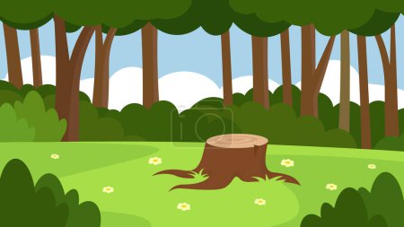 Téléchargez les illustrations : Illustration de tronc d'arbre sur pelouse verte dans la forêt - en licence libre de droit