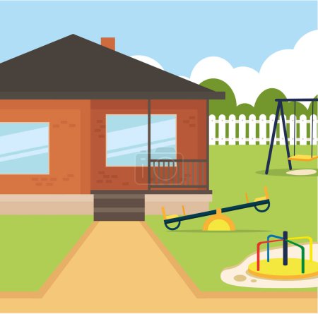 Téléchargez les illustrations : Illustration de la maison avec aire de jeux à proximité - en licence libre de droit