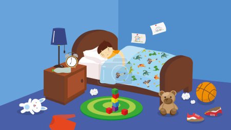 Téléchargez les illustrations : Illustration d'un garçon couché dans le lit dans une chambre désordonnée - en licence libre de droit