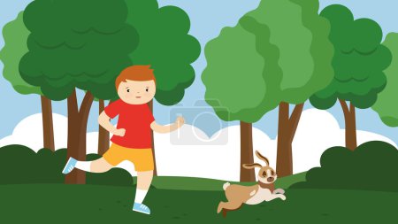 Téléchargez les illustrations : Illustration d'un homme courant avec un lapin dans la forêt - en licence libre de droit