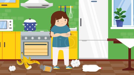 Illustration for Illustration of  young girl in the kitchen with garbage on the floor - Royalty Free Image