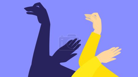 Téléchargez les illustrations : Illustration des mains faisant l'ombre d'un cygne sur un fond bleu - en licence libre de droit