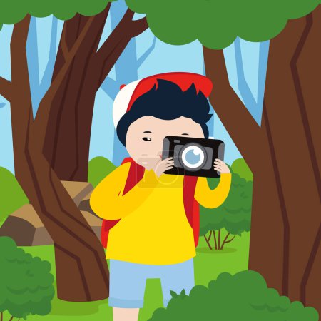 Téléchargez les illustrations : Garçon avec appareil photo dans les bois - en licence libre de droit