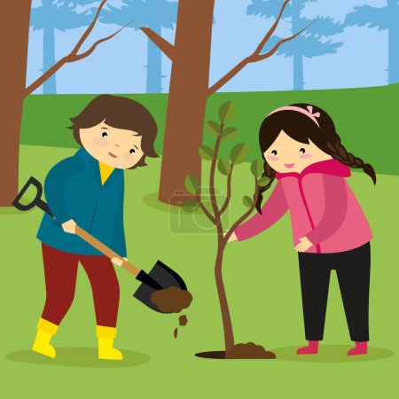 Téléchargez les illustrations : Deux filles plantant des arbres dans la forêt, illustration graphisme - en licence libre de droit