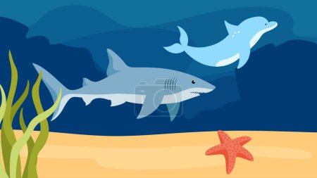 Téléchargez les illustrations : Illustration vectorielle d'un requin mignon avec un poisson sous-marin - en licence libre de droit
