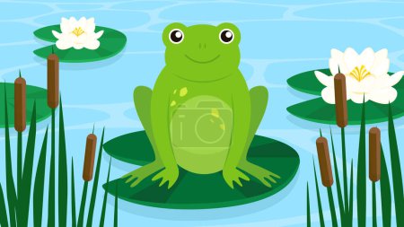 Illustration for Illustration of cute frog sitting in a lotus pond - Royalty Free Image