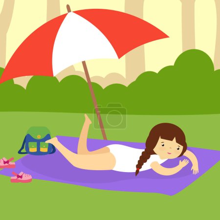 Téléchargez les illustrations : Fille dans le parc avec illustration parapluie - en licence libre de droit