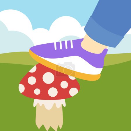 Téléchargez les illustrations : Jambe en chaussure marchant sur le champignon dans un style de conception plate. illustration vectorielle. - en licence libre de droit