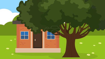 Téléchargez les illustrations : Maison avec illustration de dessin animé arbre. - en licence libre de droit