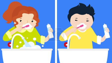 Illustration for Vector illustration of a cartoon couple of people brushing their teeth - Royalty Free Image