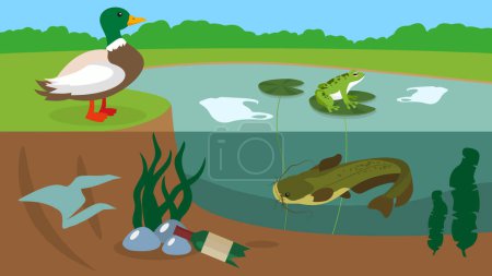 Ilustración de Conjunto de diferentes animales en el estanque sucio, concepto de contaminación - Imagen libre de derechos