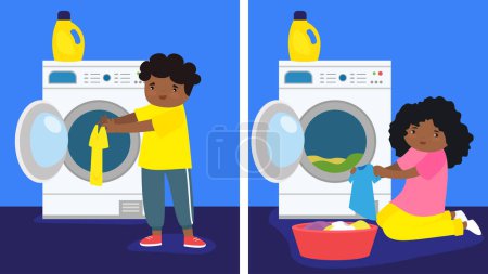 Téléchargez les illustrations : Illustration vectorielle de deux jeunes enfants lavant des vêtements en machine à laver, faisant la lessive dans le style plat. . - en licence libre de droit