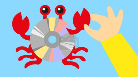 Illustration for Crab applique with CD and human hand. Vector illustration in flat design style. - Royalty Free Image
