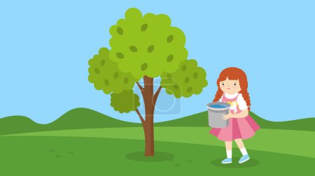 Illustration for Girl with bucket of water near the tree - Royalty Free Image