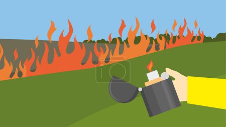 Téléchargez les illustrations : Illustration de style design plat d'un briquet sur fond de flammes de feu. - en licence libre de droit