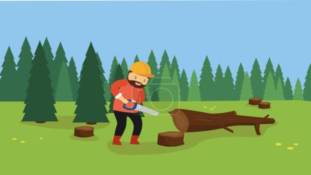 Illustration for Illustration of lumberjack cutting the wood in the forest - Royalty Free Image
