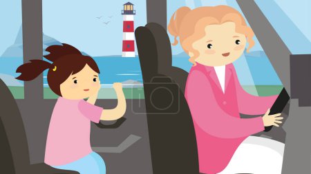 Téléchargez les illustrations : Mère et fille voyageant en voiture, illustration vectorielle - en licence libre de droit