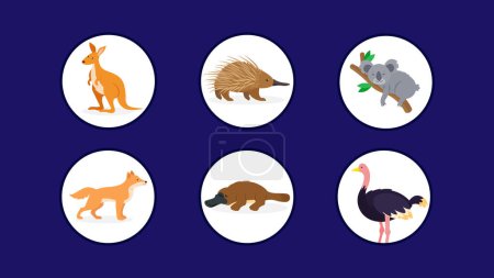Téléchargez les illustrations : Ensemble de diverses icônes animales australiennes en cercles, illustration vectorielle - en licence libre de droit