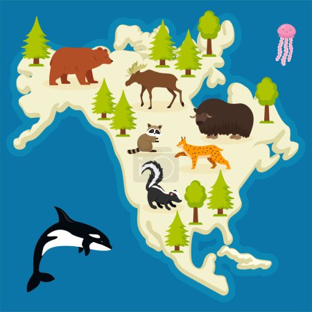 Téléchargez les illustrations : Carte stylisée de l'Amérique du Nord avec animaux, illustration vectorielle - en licence libre de droit