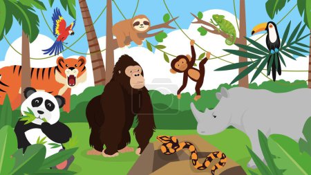Téléchargez les illustrations : Animaux sauvages dans la jungle illustration de scène de dessin animé - en licence libre de droit
